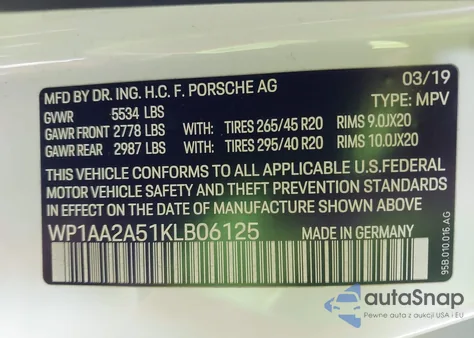 2019 Porsche Macan z USA, uszkodzony, nr VIN WP1AA2A51KLB06125